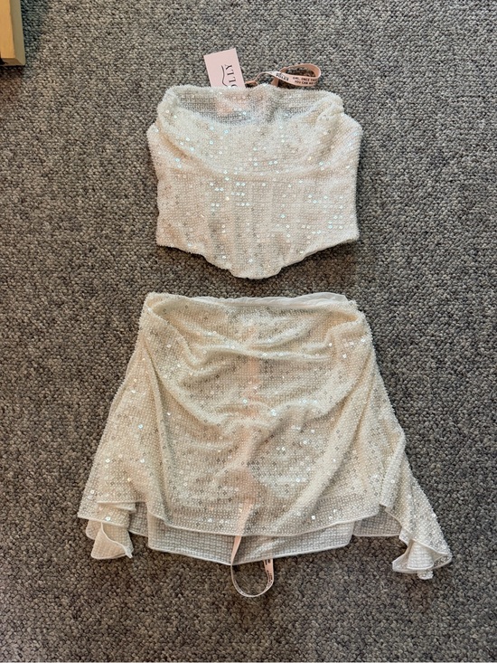 Oh Polly Dresses & Skirts - Oh Polly - Sequin Mesh Mini Skirt Set - Ivory Cream